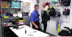 Cute blonde shoplifter in black leather caught by a mall cop and gets destroyed, astott