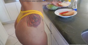 Pretty stepmom Lauren Pixie on a sexy summer dress, gets on her knees and gives a blowjob in the kitchen with her stepson's huge