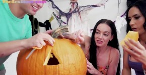 Busty halloween babe riding cock after carving pumpkins, sexyhour