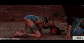Ass eating bondage slave cries while her feet get caned outdoors in the dirt - Rocky Emerson, Wildas