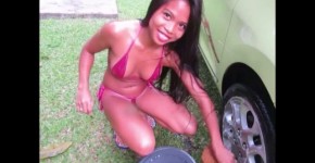 Princess Sarita, Dumaguete Philippines famous prostitute for foreigners (not porn), washing car in micro-thong bikini (< prin