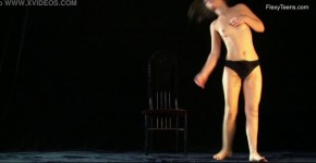 Naked gymnast Kim Nadara doing gymnastics on chair, Monitusi