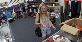 Pawnshop beauty sucking manager cock before sex in shop, sexyhour