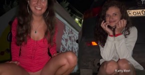 Two girls pissing in public near the car, ren1der