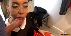 Public Blowjob in a Clothing Store, young Baby with glasses swallows cum, Fendtfan