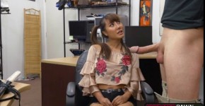 Busty Asian Tiffany Rain fucks pawnmans cock in the office, spuugje