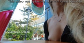Super model Anastasia Ocean flashes her natural breasts in a public cafe, assent