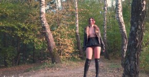 Jeny Smith in nylon pantyhose without panties shocked a biker in the forest. Bottomless in Public., athed122end